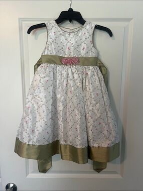 Marmellata Ivory Floral Satin Dress with Olive Sash and Pink Rosette